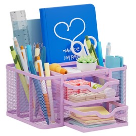 Marbrasse Mesh Desk Organizer, Pen Holder with 2 Drawer, Multi-Functional Pencil Holder, Desk Organizers and Accessories with 5 Compartments + Drawer for Office Art Supplies (Purple)