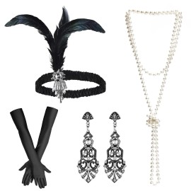 Women 1920s Flapper Set with Headband Beaded Necklaces Earrings Gloves for Vintage Wedding Costume AccessoriesColor: Red 01