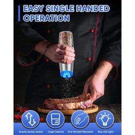 Gravity Electric Pepper and Salt Grinder Set, Adjustable Coarseness, With LED Light, One Hand Automatic Operation, Stainless Steel Black, (2 Pack Silver)