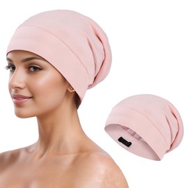 ZMD Silky Satin Lined Bonnet Sleep Cap, Silk Hair Wrap for Sleeping Adjustable Strap Stay on All Night Hair Wrap Cover Slouchy Beanie for Curly Hair Silk Sleep Bonnet for Women and Men, Pink