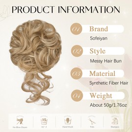 Sofeiyan Hairpiece with Elastic Band, Curly Bun Hairpiece with Hair Updo Hairstyles, Synthetic Messy Bun Hair, Tousled Updo Hairpieces for Women Girls, Honey Blonde with Platinum Blonde