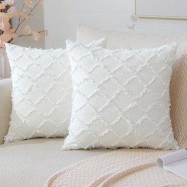 JOTOM Cushion Covers 40x40cm Linen Boho Decorative Pillow Case Tassels Design Rhombic Throw Pillow Covers 16 x 16 Inch Square Pillowcases for Sofa Bedroom Couch Home Chair Decor Set of 2 (White)