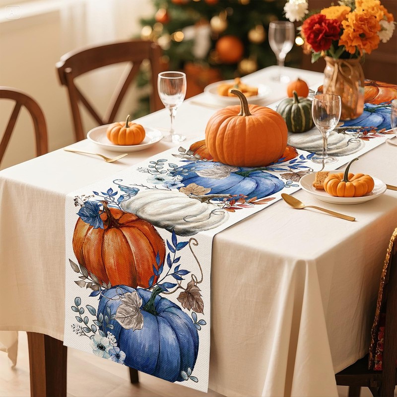 Artscope Pumpkins Eucalyptus Leaves Fall Table Runner,Autumn Seasonal Kitchen Dining