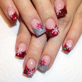 24Pcs Xmas Snowflake Press on Nails Short Square Nails French Tip Fake Nails with Glitter Designs Christmas Acrylic Nails Full Cover Stick on Nails Winter Snow False Nails for Women Nails Decoration