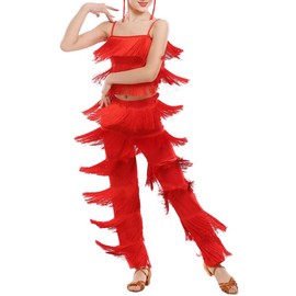 Women's Latin Tassel Dance top and Pant 2 Piece Sets for Ballroom Rumba Tango Salsa(Red M)