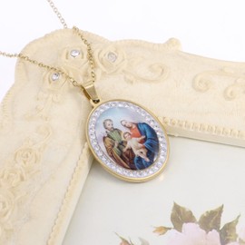 YWLI Miraculous Medal, Holy Family Necklace, Religious Gifts for Women, Golden Stainless Steel Necklace Inlaid Zircon Pendant, Fashion Religious Jewelry, Gifts for Women