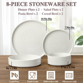 Herogo 8 Piece Dinnerware Sets with Pasta Bowls for 2, Dinner Salad Plates and Cereal Serving Bowls, Stoneware Dishes Dinner Ware for Kitchen Dining, Chip & Scratch Resistant Dishware, Speckled White