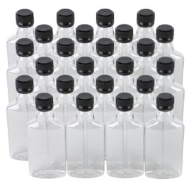 Pellah 375 ml (12.7 Oz.) Plastic Flask PET Clear Bottle For Beverage Liquor Sauce Juice Honey With Tamper Evident Seal(24 Pack) (Black Lids)