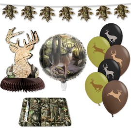 Havercamp Deer Party Decorations Hunting Camo Supplies Kit Buck Centerpiece, Leaf Banner, Balloons Hunter Archery Birthday Party Supplies