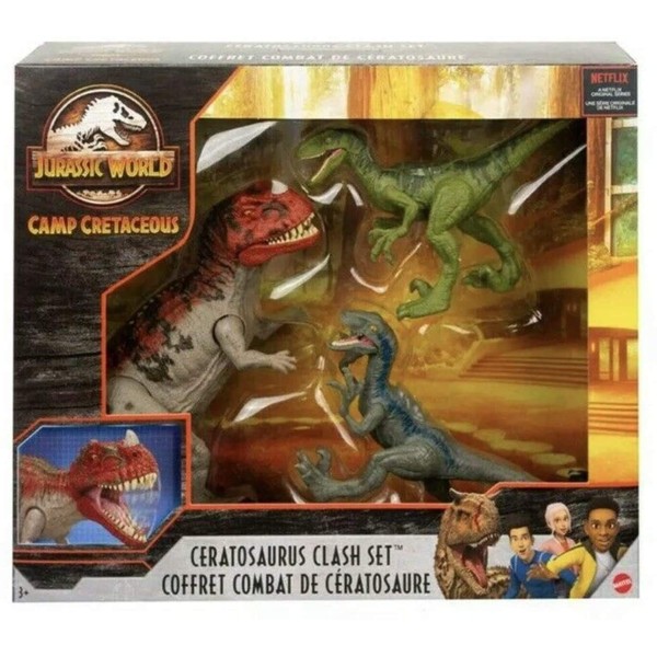 Jurassic World Camp Cretaceous Isla Nublar Ceratosaurus Clash Set with Ceratosaurus and 2 Velociraptors