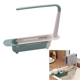 Telescopic Sink Organiser, Kitchen Sink Shelf, New Organiser Sink, Dish Cloth Holder, Drain Storage Basket, Dish Towel Holder, Adjustable Length 23-45 cm for Kitchen, Green