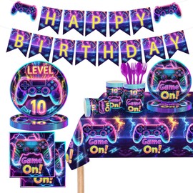 Vlipoeasn 146pcs 10th Birthday Video Game Party Plates, Purple 24 Guests Disposable Paper Plates, Hanging Swirls, Balloons and Happy Birthday Banner for Level 10 Gamer Birthday Party