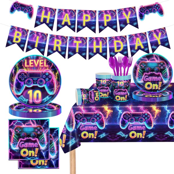 Vlipoeasn 146pcs 10th Birthday Video Game Party Plates, Purple 24