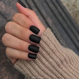 Matte Black Press on Nails Short Square, Short Fake Nails Glue on Short Square Nails Press ons, Soft Gel Glue on Nails Short Stick on Nails for Women Thick Solid Color Acrylic Nails 24pcs