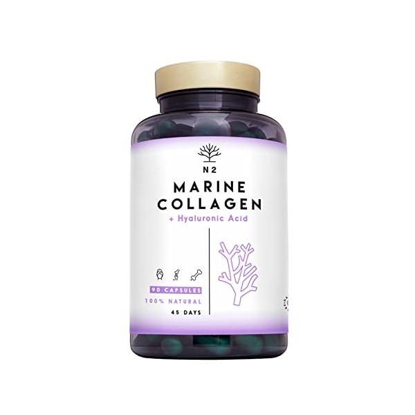 Marine Collagen with Hyaluronic Acid for Skin Care, Hair Care, Joints. Magnesium, Vitamin C. Hydrolysed Collagen Supplements. Anti Aging. Best Collagen PEPTAN. 90 Veggie Caps. EU. N2 Natural Nutrition