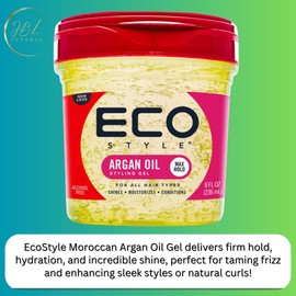 Hair Styling Gel Bundle: EcoStyle Moroccan Argan Oil Styling Gel 236ml, 3 Crocodile Hair Clips, 3-Piece Professional Hair Brush Set