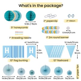 Meowoo Birthday Party Decorations, Blue Birthday Decoration Set - Happy Birthday Banner, 2 Birthday Buntings, 6 Hanging Paper Fans, 5 Honeycomb Decorations for Girls and Womens
