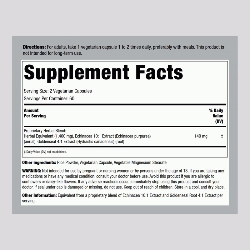 Piping Rock Echinacea Goldenseal Capsules | 1400mg | 120 Vegetarian