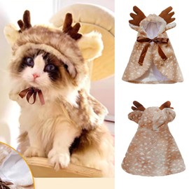 ANIAC Christmas Puppy Reindeer Costume Xmas Dog Elk Cloak with Antlers Cat Santa Cape Christmas Dog Outfit for Small Medium Dog (Small, Brown)