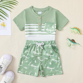 UUAISSO Toddler Baby Boys Clothing Short Sleeve Dinosaur Stripes Tops Bear Print Shorts Set Baby Boys Summer Outfits, light green