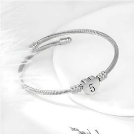KunBead Lucky Number 5 Heart Birthday Bracelets for Women Expandable Age Bangle Cuff Stainless Steel Bracelet