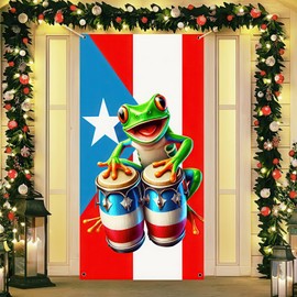 BlissYard Puerto Rico Flags Frog Door Cover Banner 71x35 Inch Puerto Rican Flag Door Cover Backdrop Porch Front Door Cover Background for Outdoor Decor Supplies Home Party Holiday and Celebrations