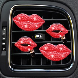 4 Pcs Red Lip Air Vent Clips, Bling Lip Car Air Fresheners Vents Clips for Women Rhinestone Car Diffuser Vent Clips Bling Car Accessories Charm Diamond Car Interior Decor Car Decoration for Women