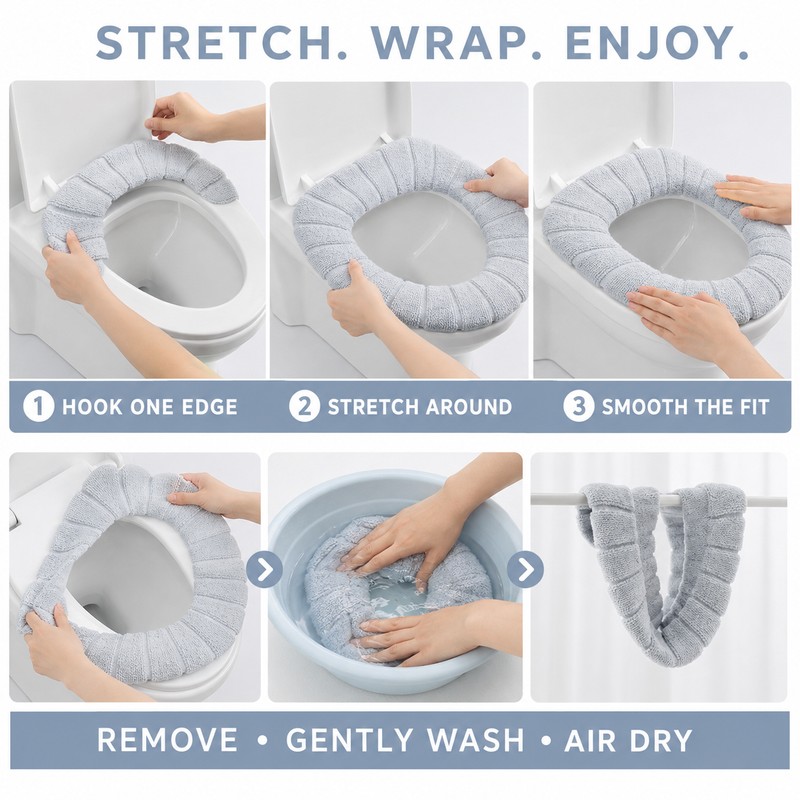 Ag+ Silver Ion Antibacterial Toilet Seat Cover, Universal Stretch-Fit Washable