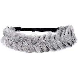 BOBIYA Messy Wide 2 Strands Synthetic Hair Auburn Braided Headband Classic Chunky Elastic Stretch Hair Band (Salt Pepper)