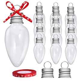 16 Packs 3.4 Inch Fillable Light Bulb Shape Clear Plastic Christmas Ornaments with Screw Off Cap and 1 roll of Red Snowflake Ribbon for DIY Crafts Christmas Tree Hanging Decoration
