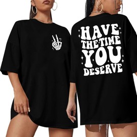 ASTANFY Oversized Tshirts for Women: Deserve Day Shirt Funny Skeleton Shirts Casual Oversized Graphic Tees Tops Black