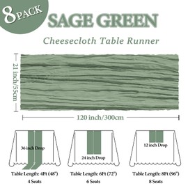 8 Pack Sage Green Cheesecloth Table Runner 10Ft Gauze Cheese Cloth Table Runner 120 Inch Boho Sheer Rustic Fabric for Summer Decor Bridal Baby Shower Wedding Centerpiece Home Table Decoration