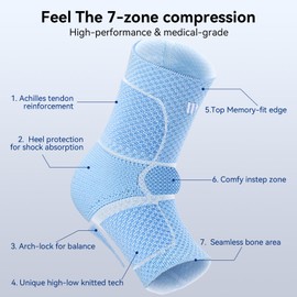 WHCOOL Flat Knitting Ankle Brace for Women&Men, 7-Zone Dynamic Compression Sleeve w/Flex Strap,Foot Support for Sports, Sprained Ankle, Achilles Tendonitis, Plantar Fasciitis Relief(Pack of1) M,Blue