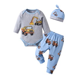 Tearfuty Newborn Baby Boy Clothes Car Print Long Sleeve Romper + Pants + Hat 3pcs Clothing Sets（0-3 Months）