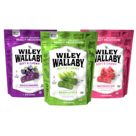Wiley Wallaby Licorice 10 Ounce Variety Pack - Huckleberry, Apple & Watermelon Classic Gourmet Australian Style Soft & Chewy Licorice Candy - Pack of 3