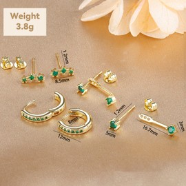 LIULINY 3 Paar 18K Vergoldet Ohrringe Gold Creolen Set, Damen Kleine Ohrstecker, Hypoallergen Klein Huggie, Goldene Creolen, Grün mit Zirkonia Besetzt, für Party, Mottoparty, Alltägliche Kostümparty