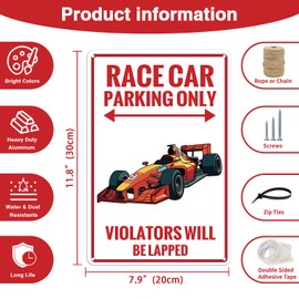 Race Car Themed Aluminum Sign - “Race Car Parking Only” Decorative Metal Plate (8x12 Inch) - Garage Man Cave Wall Art for Racing Fans (136)