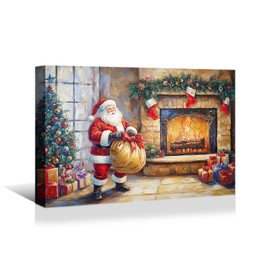 YONICA Christmas Wall Decor Santa Canvas Wall Art Home Decorations Santa Pictures Santa Claus is Coming Christmas Pine Tree Prints Winter Painting Xmas Artworks for Living Room Bedroom 16x12 Inches