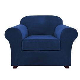 Real Velvet Stretch Chair Covers 2 Piece Armchair Cover Slipcovers - Include Base Cover and Cushion Cover - Sofa Covers Couch Covers 1 Seater Chair Slip Cover, Feature Thick Soft Velour, Navy