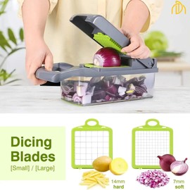 Vegetable Chopper and Dicer Set, 16-in-1 Kitchen Food Slicer with Container, Interchangeable Blades, Peeler, Gray and Green