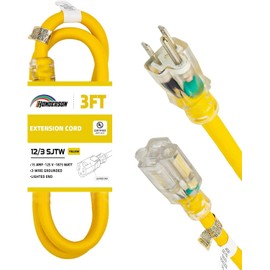 HONDERSON Extension Cord Weatherproof with Lighted End, UL Listed, 12 Gauge 3FT Yellow 3 Prong Heavy Duty, 12/3 SJTW 15A Power Cord for Lights, Lawn