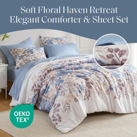 Madison Park Essentials Twin Comforter Set with Sheets, Floral Bed in A Bag Microfiber Comforter for Twin-Size Bed, Shabby Chic Twin Bedding Set Diamond Printed Sheet, Luna, Twin, Blue 5 Piece