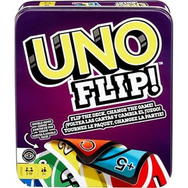 UNO Flip. Juego de Cartas para Jugar Entre Amigos, con Estuche Metálico, Juego Familiar, Juego de Mesa, 7+ Años