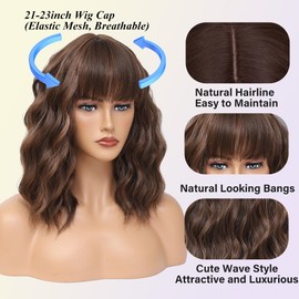 Brown Highlights Wig with Bangs for Women,12 Inch Wavy Bob Hair