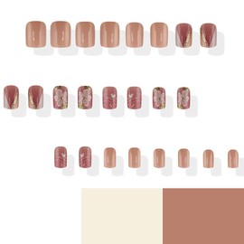 24Pcs Flower Press on Nails Short Square French Tip Fake Nails with White Gold Gilding Design Spring Stick on Nails Full Cover Artificial Glue on Nails Cute False Nails Glossy Nail Supplies for Women