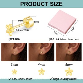 Kabwea 3 Pairs 14 Carat Small Stud Earrings with Flat Backs for Women, Gold Earrings, Stud Earrings, Earring Set