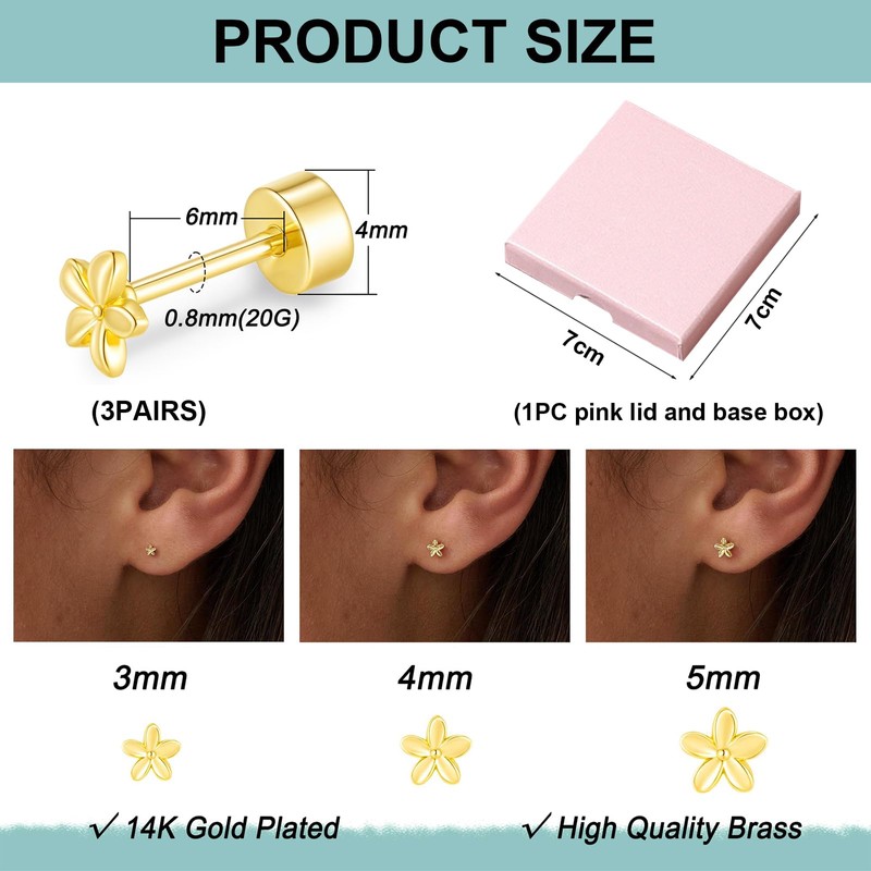 Kabwea 3 Pairs 14 Carat Small Stud Earrings with Flat