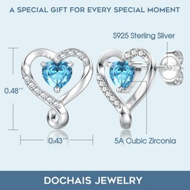 Dochais Earrings 925 Sterling Silver Stud Earrings Heart Earrings Women's Stud Earrings Silver Birthstone Earrings Cubic Zirconia Jewellery Gift for Women, Sterling Silver