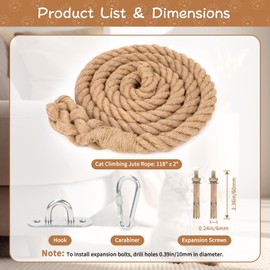 2" x 9.84Ft Cat Climbing Rope with Hook, Natural Cat Climbing Jute Rope for Ceiling and Wall Mounted, Durable Sisal Ropes for Indoor and Outdoor Cats Scratching Playing