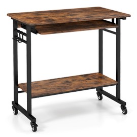 LDAILY Small Computer Desk, Portable Desk on Wheels with Spacious Tabletop, Keyboard Tray, Open PC Stand, 3 Earphone Hooks, Wooden Rolling Computer Cart, Mobile Laptop Desk for Office, Home